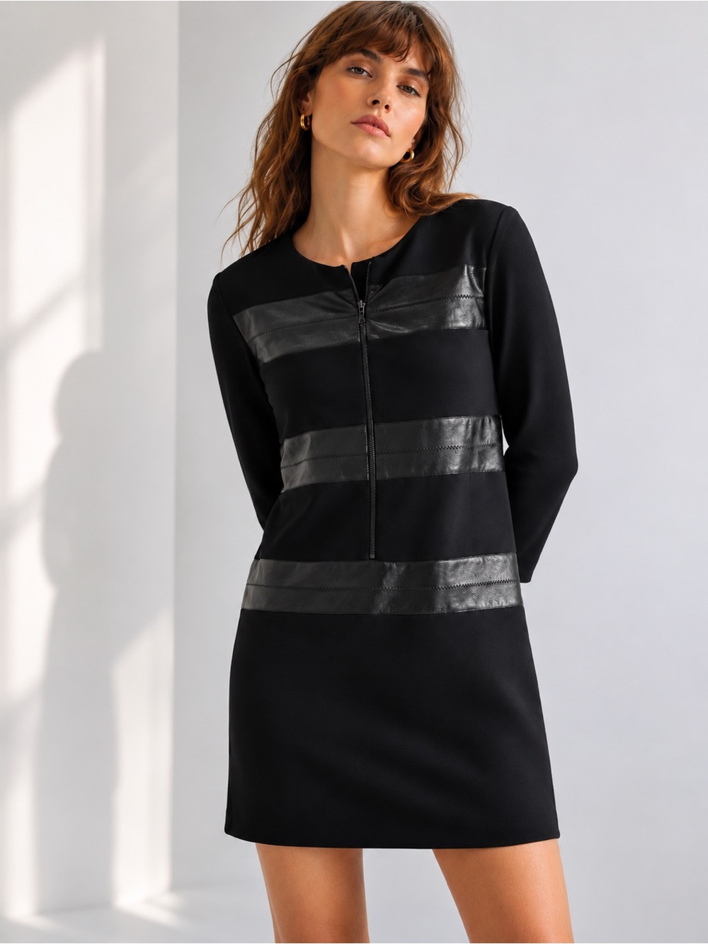 Sandro Paris Black Faux Leather Stripe Shift Dress Sz 1 / US Small Minimalist